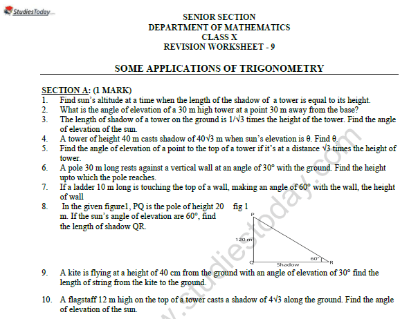 CBSE Class 10 Mathematics Application of Trignometry Worksheet Set C